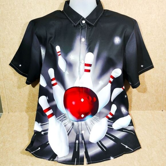 Bowling Graphic Black Button Down Short Sleeve Shirt #4 - Picture 1 of 6